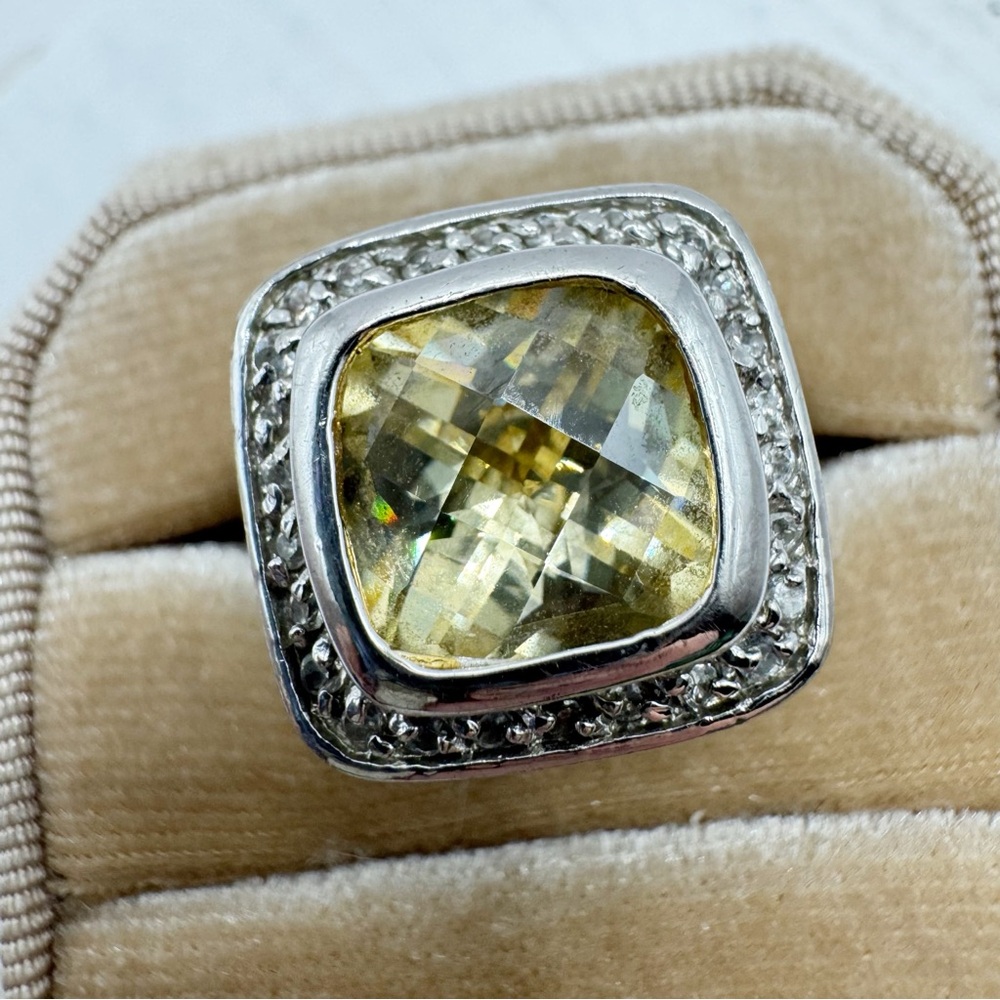 Square cocktail ring citrine glass statement sparkling silver plated size 6
